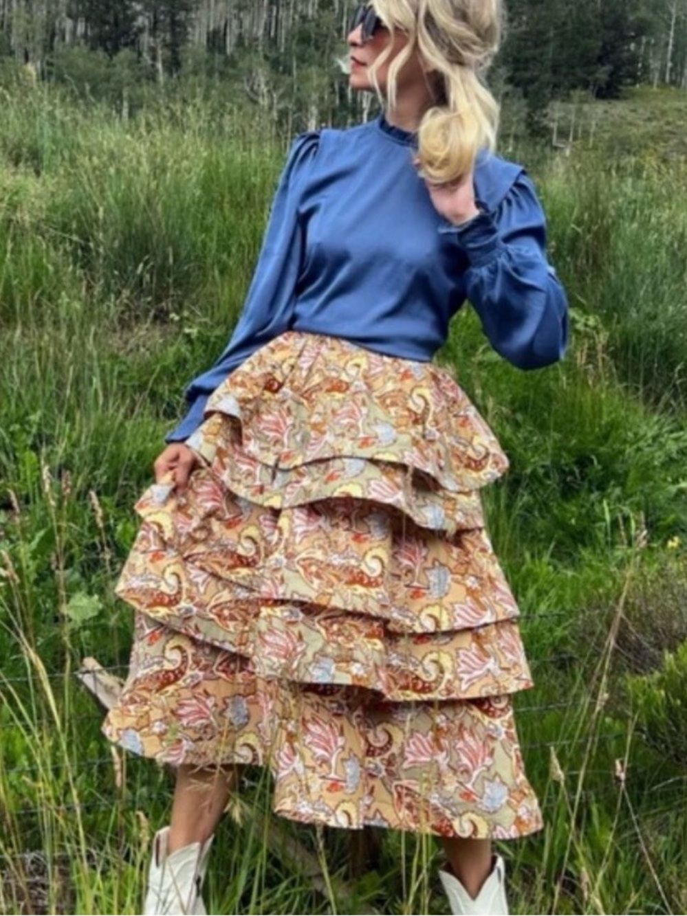 Buru Teagan Tiered Paisley Ruffle Midi Skirt in Multi-Color